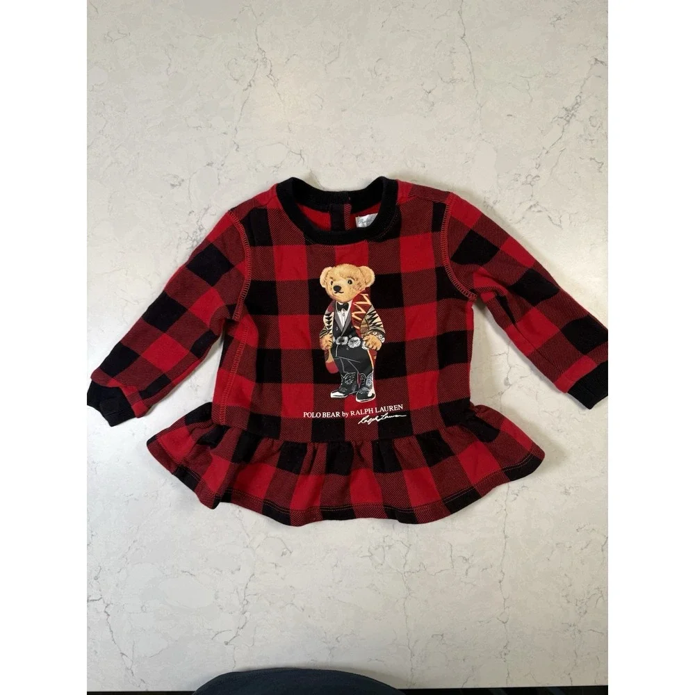 Ralph Lauren Polo Baby Girl Bear Top Dress Red Black Flannel Buffalo Check 12M